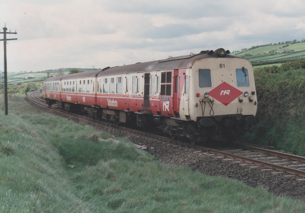 Northern Ireland Railways DEMU Power Car 81 " The Boys Brigade " approaches Killagan