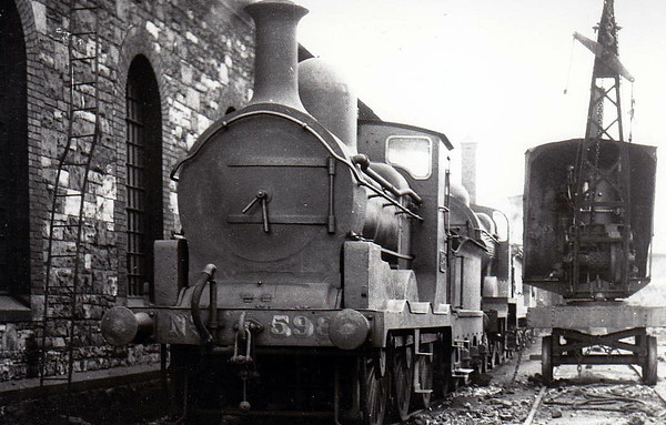 Class J19 - 598 - M&GWR Class L 0-6-0 - built 1885 by Broadstone Works as M&GWR No.59 SHANNON - 1903 rebuilt with Belpaore boiler, 1925 to GSR as No.598, 1937 rebuilt, 1945 to CIE - withdrawn 1963 - seen here at Broadsrone in 1932.