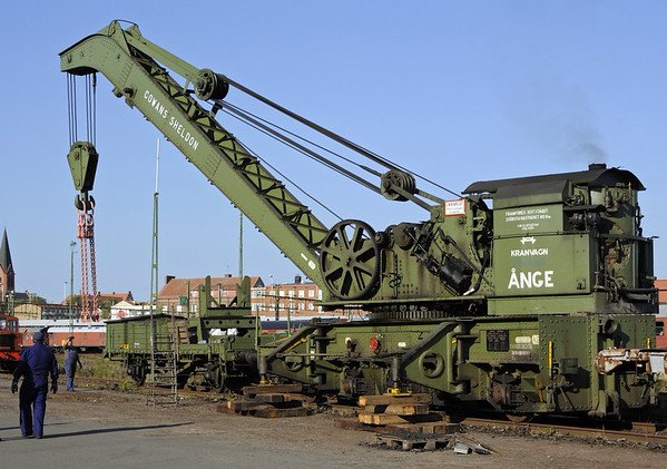 Cowans Sheldon breakdown crane, Nassjo, Sweden, Sat 6 September 2014 1.  Here are five photos of this fifty ton crane built for SJ by Cowans Sheldon (8934 / 1948).  Latterly based at Ange, in central Sweden, it is now owned by the Gavle railway museum.  Here is the crane carriage resting on its jacks.  The two relieving bogies are absent but the match wagon is present.