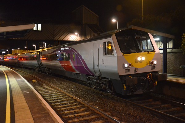 One of the refurbished Enterprise sets made various test runs on the night of Monday 24th August 2015. The train formed of DVT9002 + Loco 8208 (1x1st,1xDiner,4xStd,1xEGV) departed York Road at 2310hrs and went to Great Victoria Street to turn on the triangle via Central Jctn. It then completed two return trips to Antrim via Bleach Green to carry out various tests such as performance, brake tests & door tests. The train then stabled in Fortwilliam Traincare Depot.

In the picture, DVT9002 slows to a stop at Yorkgate while working the 2310 York Road / GVS. 240815