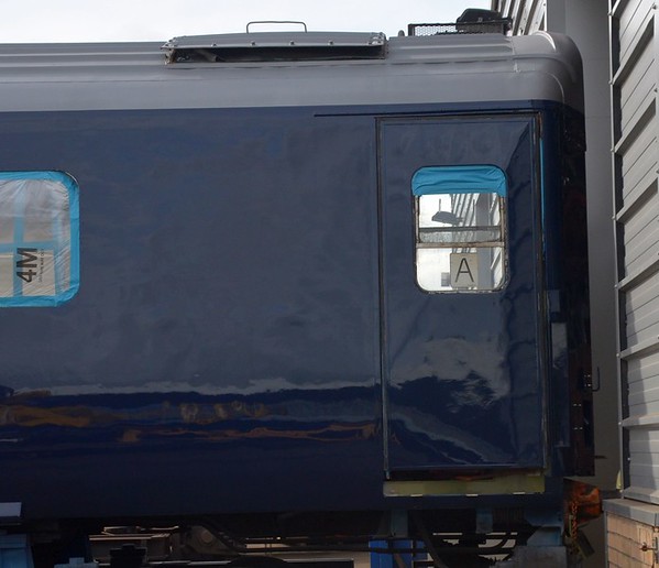 Unidentified Belmond MkIII Carriage. Note how the Coach A sticker has survived it's existence during the refurb, Kilmarnock. 010915