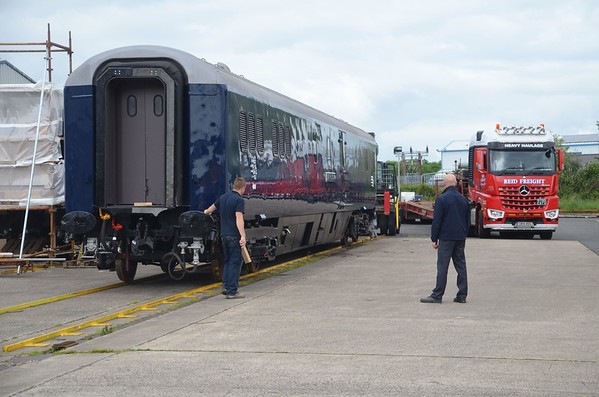 BELMOND Mk3 EGV 7601 is seen outside Mivan Factories in Antrim having had all work completed as part of the refurbishment programme for the forthcoming Grand Hibernian Train which will tour Ireland later this year. On Monday 27th June, The EGV was transferred back to Irish Rail metals having left there over 18 months ago. Mon 27.06.16