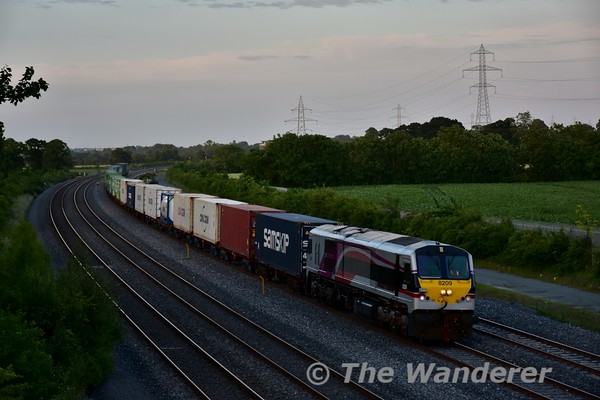 The project to extend freight train lengths continued on Monday 27th June when a 27 bogie (54 TEU's) liner wagon trial operated from North Wall to Ballina. NI Railways Locomotive (8)209 was allocated to the Liner and it departed from North Wall ontime at 2045. The trial train is pictured passing Stacumny Bridge at 2136 heading West.  Mon 27.06.16