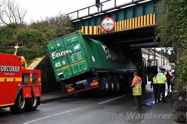 The Mountrath Road in Portlaoise was the scene of a bridge strike at UBC146 on Thursday afternoon when a HGV carrying a 45ft Eucon container failed to pass under the bridge which has clearance of 4.30 metres. Rail services were suspended for 45 minutes while Iarnrod Eireann engineers inspected the bridge for any damage. The 1125 Cork - Heuston and 1325 Portlaoise - Heuston were both heavily delayed with the 1300 Heuston - Cork, 1225 Cork - Heuston and 1425 Portlaoise - Heuston suffering minor delays. Thurs 02.01.20