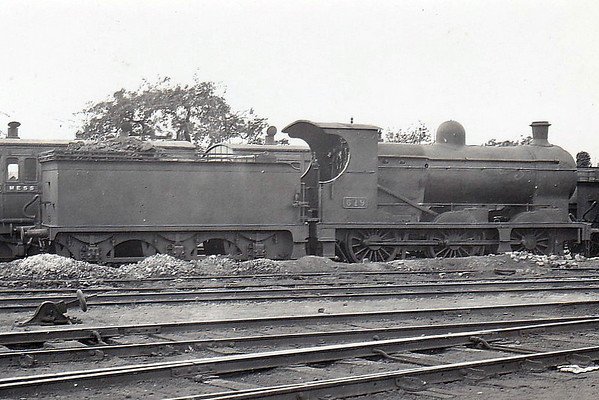 Class J6 - 619 - Atock MGWR Class H 0-6-0 - built 1880 by Avonside Engine Co., Works No.1211, as MGWR No.96 AVONSIDE - 1906 rebuilt with saturated Belpaire boiler, 1922 superheated - 1925 to GSR as No.619, 1945 to CIE - 1949 withdrawn - seen here at Broadstone in August 1935.