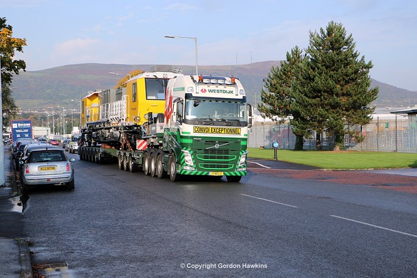 14.10.16. NIRs new MPV Train arrives by road to Adelaide Belfast from Germany .
