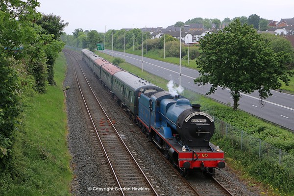 5.6.16. RPSI Steam Enterprise hauled by loco 85 Merlin passes Seagoe Portadown heading for Dublin.