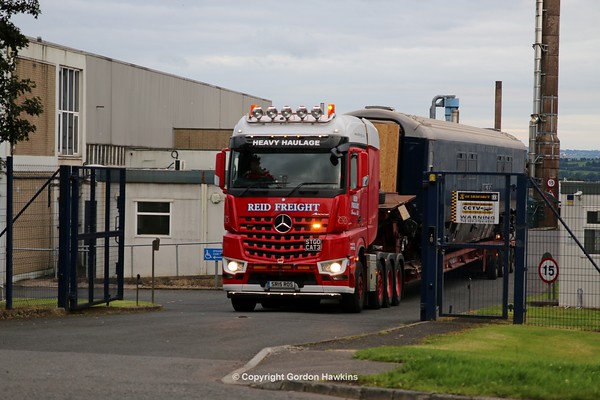 27.7.16. Belmond MK3 carriage 7116 FERMANAGH departs Mivan Antrim for the road trip to North Wall Dublin.