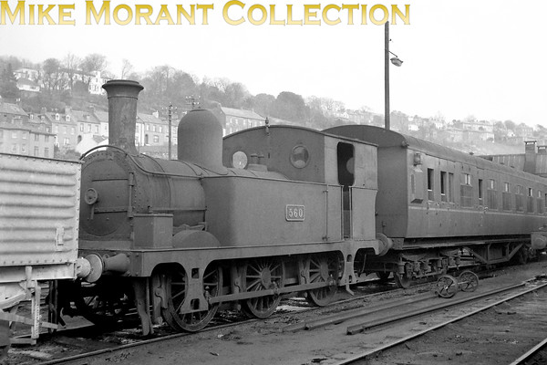 The Atock designed M&GWR 'E' class 0-6-0T's were often described as the Irish Terriers not only for their similar appearance to the LBSCR Terriers but also because of their flexibility, longevity in service and capacity for punching above their weight as it's called today. There were twelve examples built and CIE no. 560, depicted here on shed at Cork, was built by Kitson of Leeds entering service in 1893 with the MGWR number 115 and the name Achill. 560 was the first of three of the class that were rebuilt with extended cabs and recessed steps for use on the Waterford - Tramore line. Withdrawal for 560 came in 1963 after70 years of service.
[Mike Morant collection]