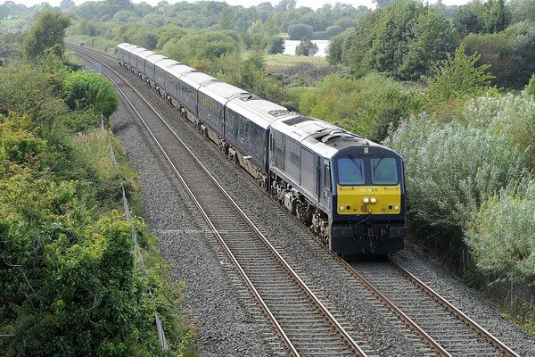 21.9.19. GM 216 with the Belmond Grand Hibernian Train passes Craigavon Lakes on its run from Dublin to Belfast.