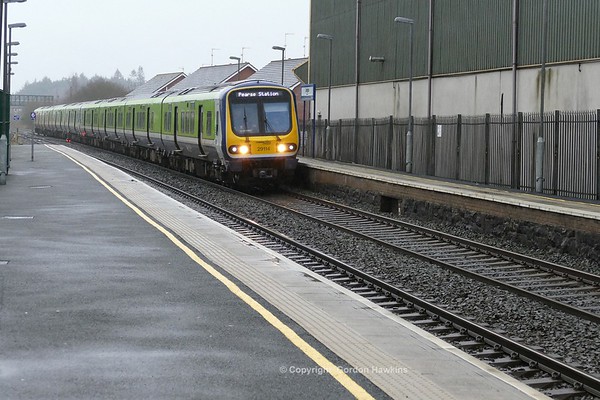 13.1.18. Irish Rail Caf sets 29514 & 29408 pass Lurgan  working the 10:35 Belfast to Dublin Enterprise service.