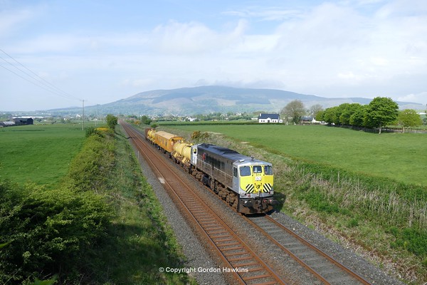 17.5.16. GM 074 hauls the Irish Rail weedsprayer train past Newtown Road north of Meigh heading from Dundalk to Newry.