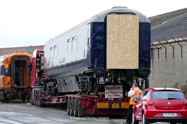 28.7.16. Belmond MK3 carriage 7116 FERMANAGH gets unloaded at North Wall Dublin after its over night road trip from Mivan Antrim .