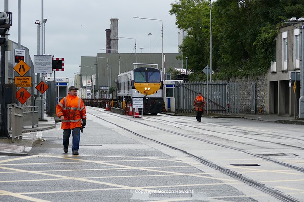 28.7.16. GM 231 hauls a liner train out of Dublin Port along the Alexander Tramway  into the yard North Wall Dublin .