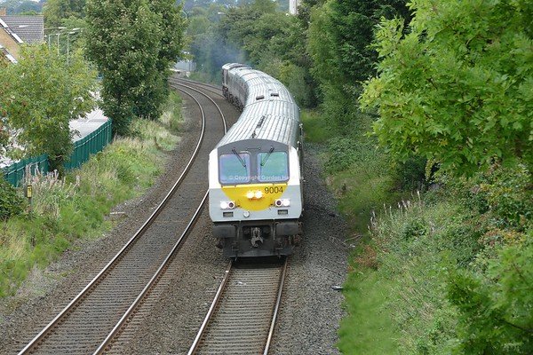 15.9.18. DVT 9004 & GM 227 pass Musgrave Belfast working the 16:05 Belfast to Dublin Enterprise .
