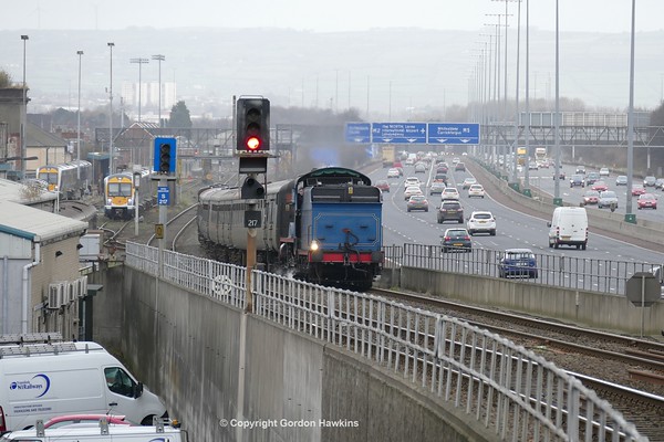 10.12.16. RPSI Santa Train passes Yorkgate Belfast hauled by Loco 85 Merlin heading from Whitehead to  Belfast Central Station