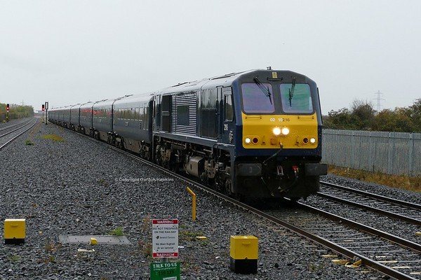 13.10.18. GM 216 with the Belmond Grand Hibernian Train passes Clondalkin Fonthill station heading from Roscommon to Dublin.