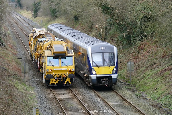 12.2.17. Irish Rail Ballast Cleaner  781 passes Bushfield Road Moira  heading from Dublin to Lisburn.