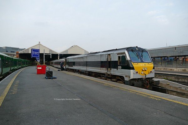 13.4.19.GM 233 sits at platform 2 at Dublin Connolly Station  with the 07:35 Dublin to Belfast Enterprise.