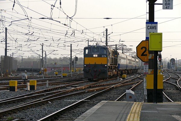 13.4.19. GM 074 arrives at Dublin Connolly  from Inchicore Works with an empty stock working with the RPSI Cravens carriages for the days The West Awake RPSI Railtour.