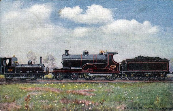 GREAT SOUTHERN & WESTERN RAILWAY - 0-6-0T No.92 of 1881 and 4-4-0 No.321 of 1904, the latest G&SWR express passenger loco, pose in a 'little and large' comparison picture - posted in Tramore April 18th, 1905..