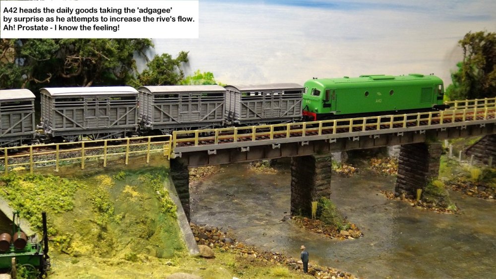 2021-11-07 Drowes River Bridge, A42 on the daily goods catches the 'adgagee' by surprise as he attempts to increase the rivers flow. Ah! prostate - I know the feeling!.JPG